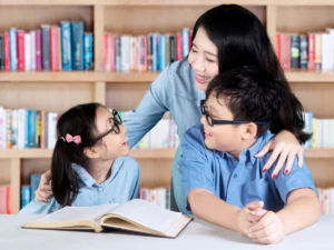 mother with two primary school children