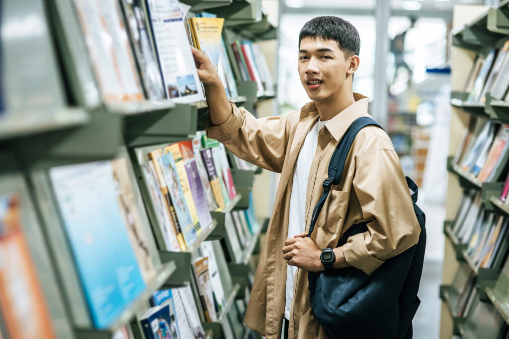 college student in library