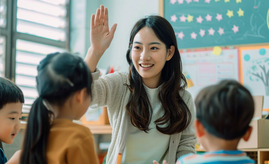 A smiling teacher raises her hand while interacting with young children in a colorful classroom. | TCS