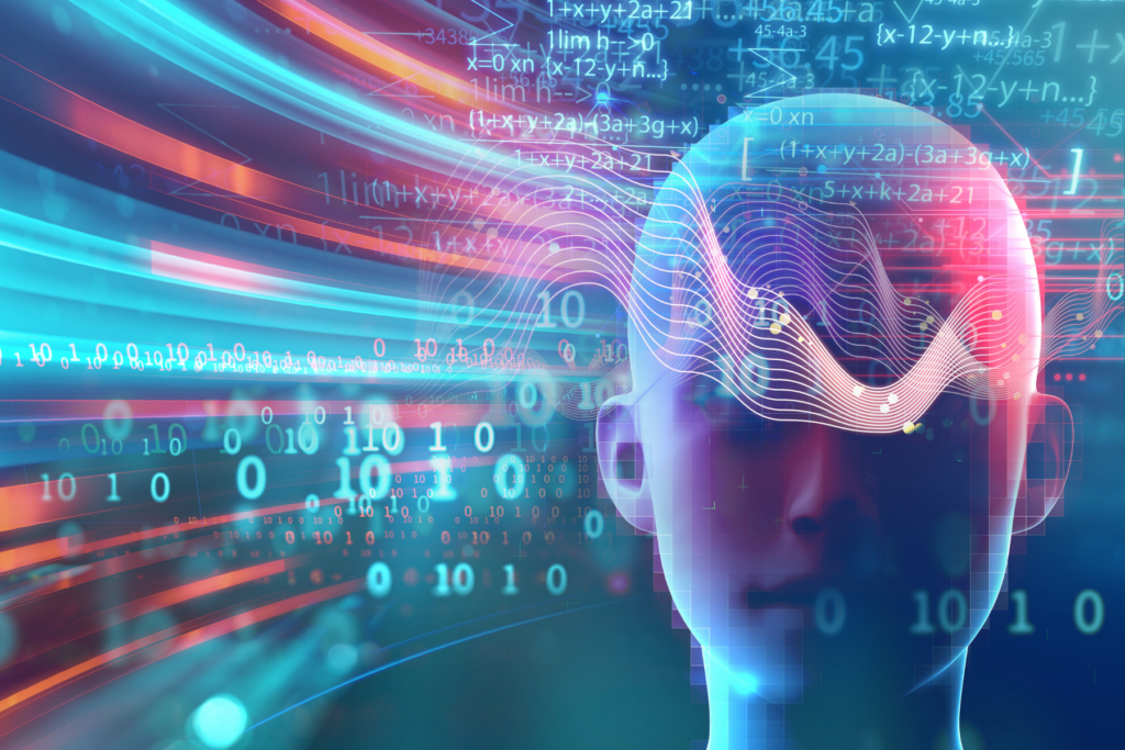 Digital human head with flowing data streams, binary code, and mathematical formulae representing artificial intelligence. | TCS