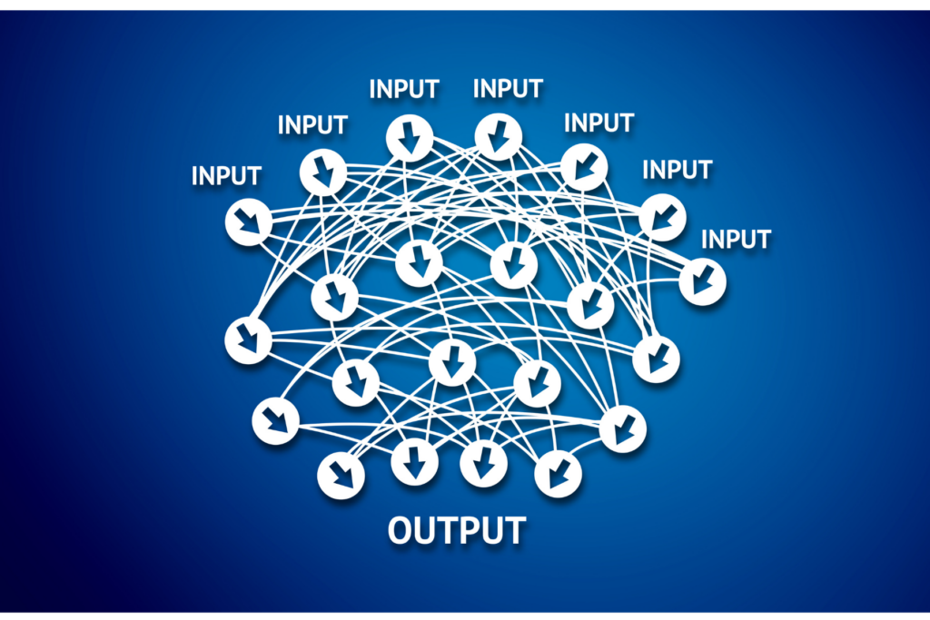 A diagram of interconnected input and output nodes, illustrating an artificial neural network on a blue background. | TCS