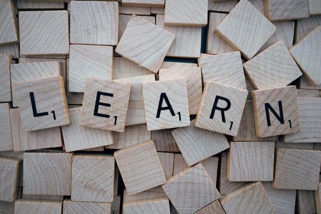 Scrabble tiles spell "LEARN" on a background of scattered blank wooden tiles. | TCS