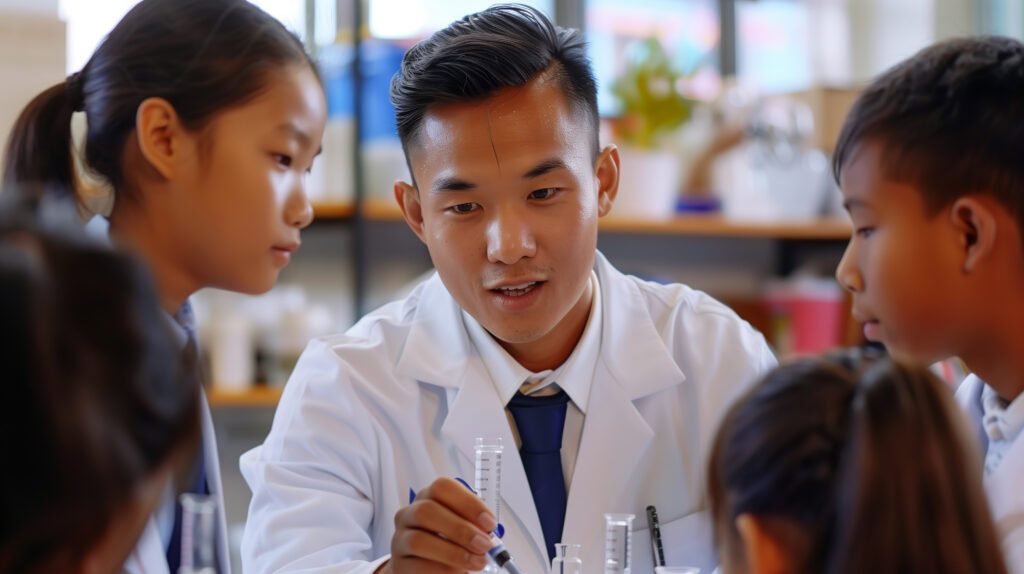 A teacher in a lab coat explains a science experiment to pupils gathered round a table with test tubes. | TCS