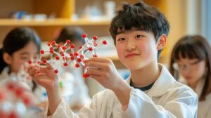 A student in a lab coat examines a molecular model in a classroom, with other students working in the background. | TCS