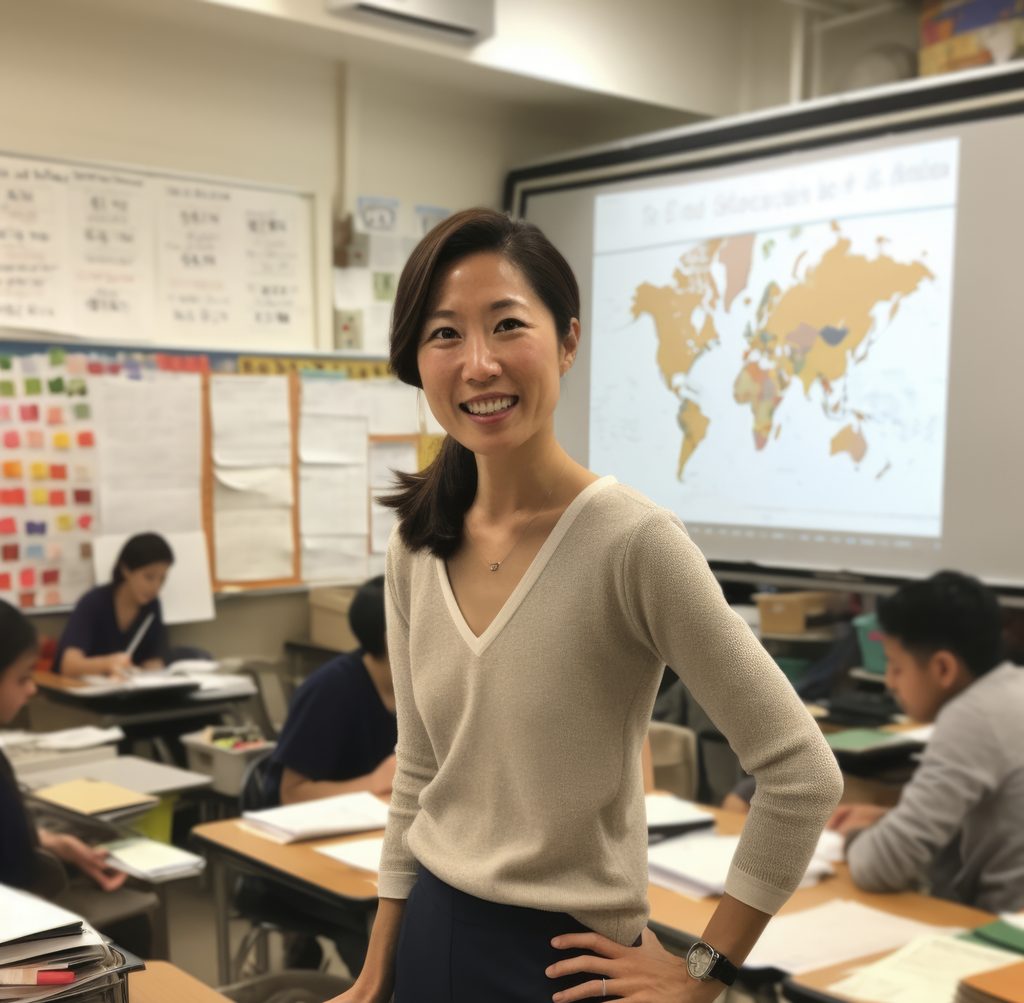 Smiling teacher stands in classroom; pupils work at desks with a world map projected on the board behind her. | TCS