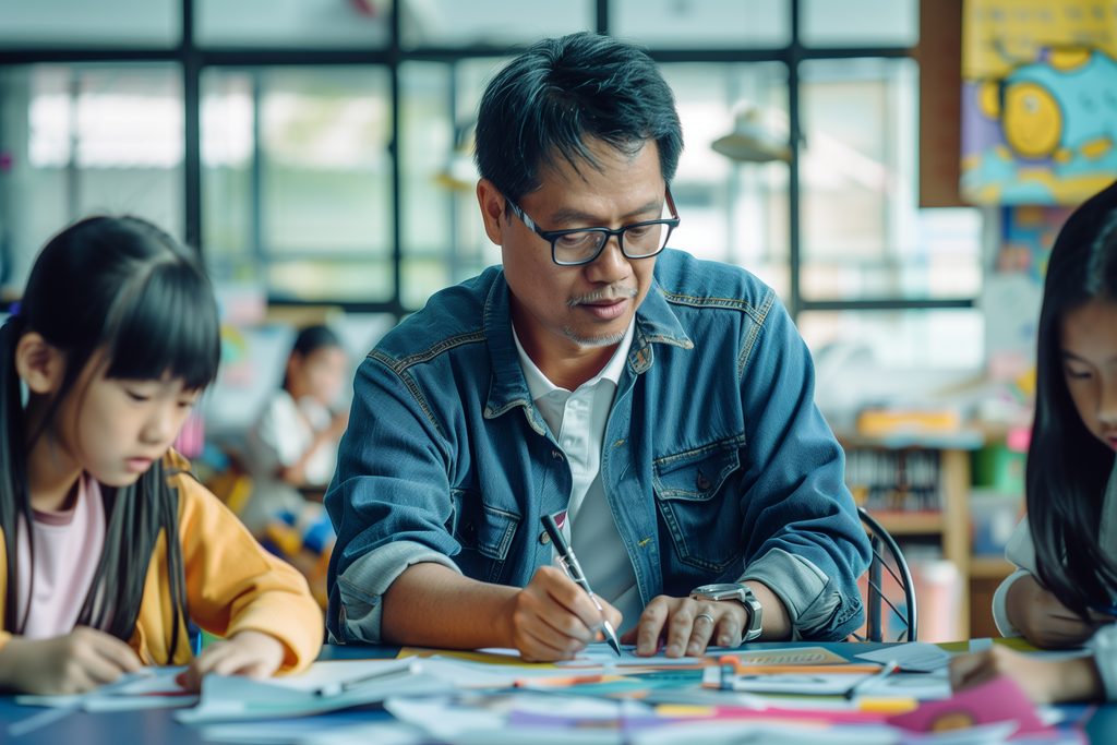 A man helps two children with art projects at a table in a colourful classroom. | TCS
