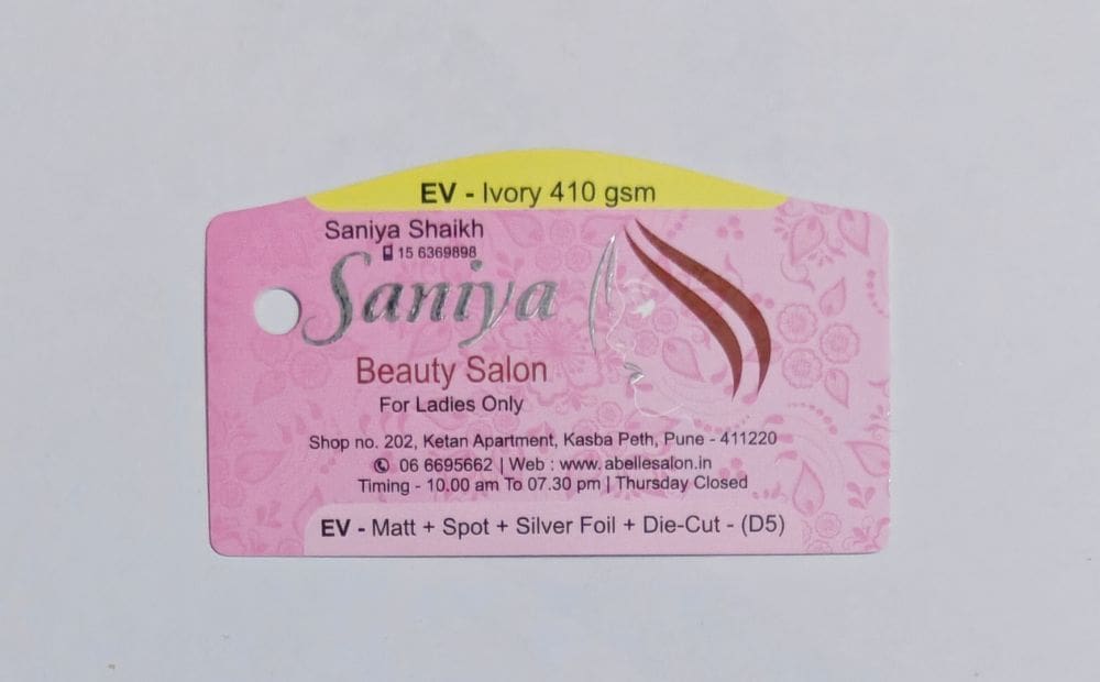 410 GSM Matte Laminated Visiting Card with Spot UV, Silver Foil and Die Cut