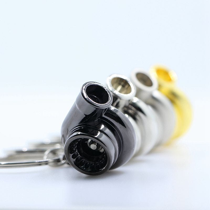 Gold Matte Silver Black full metal TURBOOST spinning turbo keychain (KM9003) with visible impeller and keyring.
