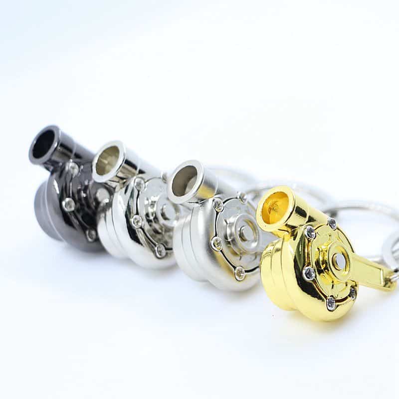 Gold Matte Silver Black full metal TURBOOST spinning turbo keychain (KM9003) with visible impeller and keyring.