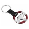 Gold metal steering wheel shaped keychain with a black leather strap and key ring.
