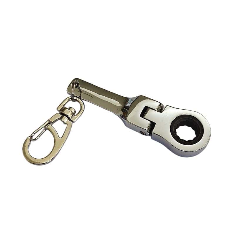 A silver metal 10mm ratcheting wrench keychain with a chrome finish.