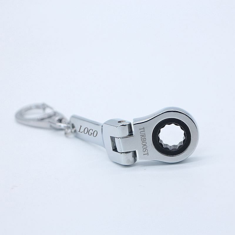10mm Ratchet Wrench Keychain with TurboBoost logo, silver metal design, compact tool keyring for car enthusiasts.