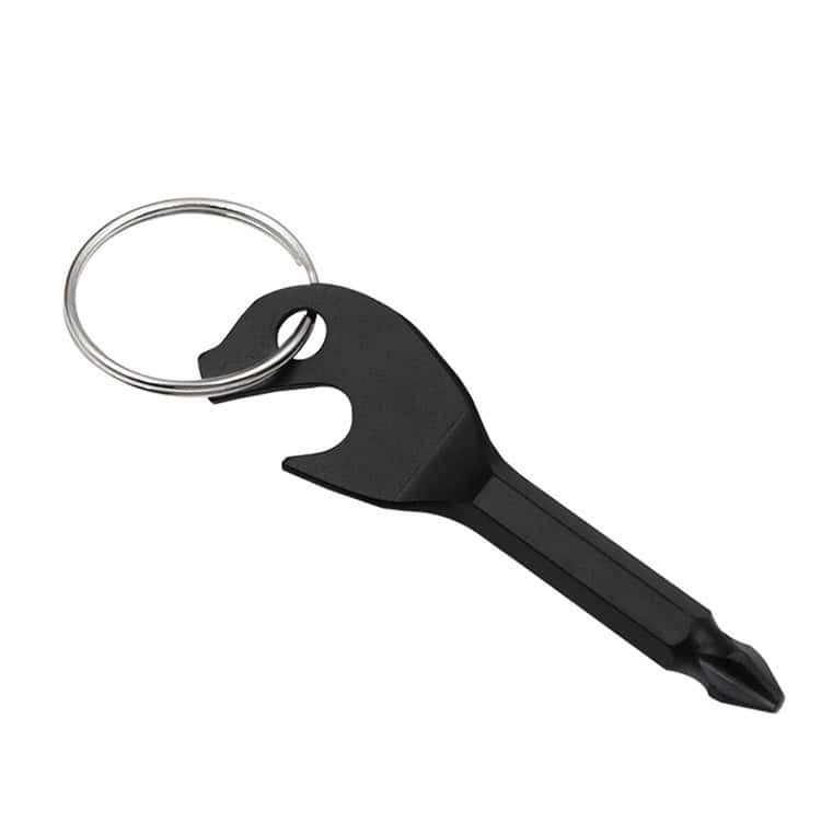 Black mini key tool with Phillips screwdriver and bottle opener functions.