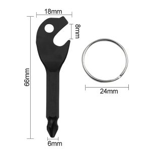 Black mini key tool with Phillips screwdriver and bottle opener functions. 