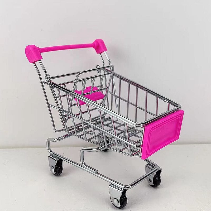 A silver metal and pink plastic mini shopping cart keychain with a key ring.