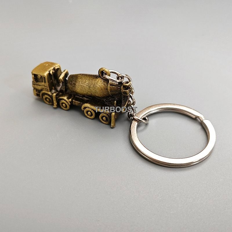 3D metal concrete mixer truck keychain, construction vehicle model, TURBOOST brand.