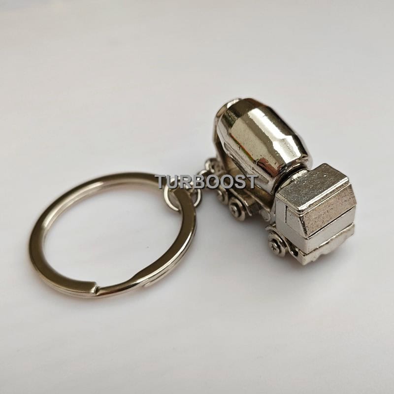 Transit mixer truck keychain, construction vehicle shape, TURBOOST brand.