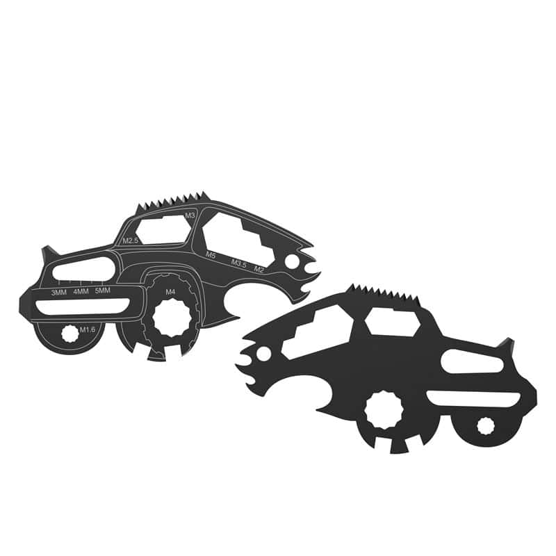 A black car-shaped metal multi-tool keychain, highlighting its 16 functions including hex wrenches, screwdrivers, and a bottle opener.