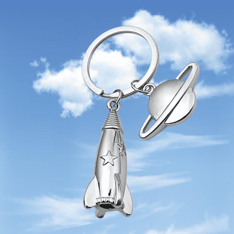 Shiny alloy rocket spaceship and planet keychain for car keys, perfect custom wholesale gift.