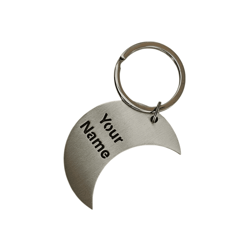 Personalized silver crescent moon stainless steel keychain with custom name engraving.