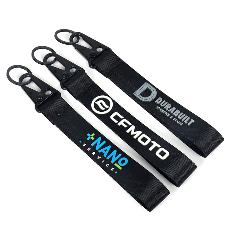 Black custom 3D silk printed carabiner lanyard keychains with custom corporate logos