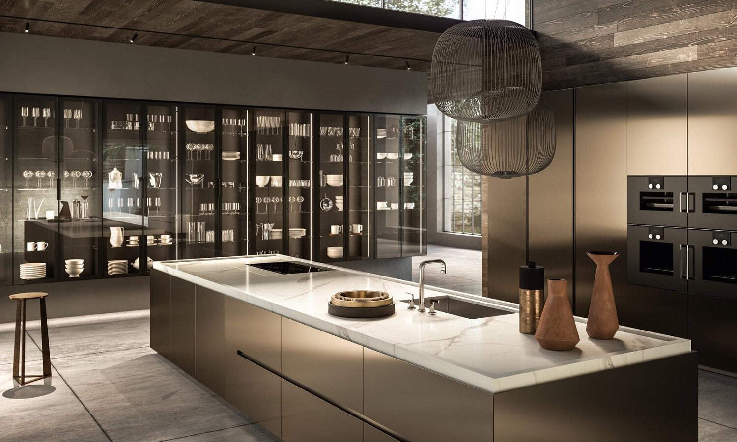 Modern urban kitchen featuring minimalist cabinetry and a spacious island for cooking and entertaini.