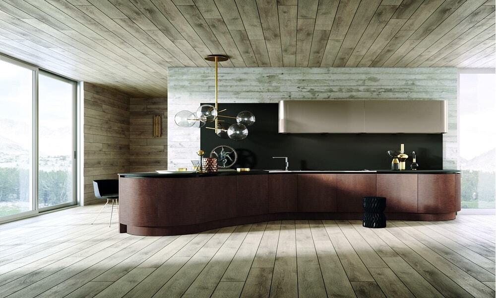 Contemporary urban kitchen featuring wooden cabinets and large windows for natural light.