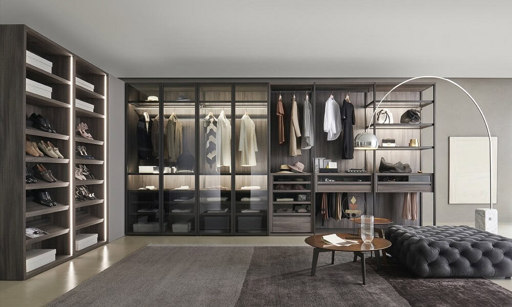 Stylish urban home closet with organized shelves and hanging space.