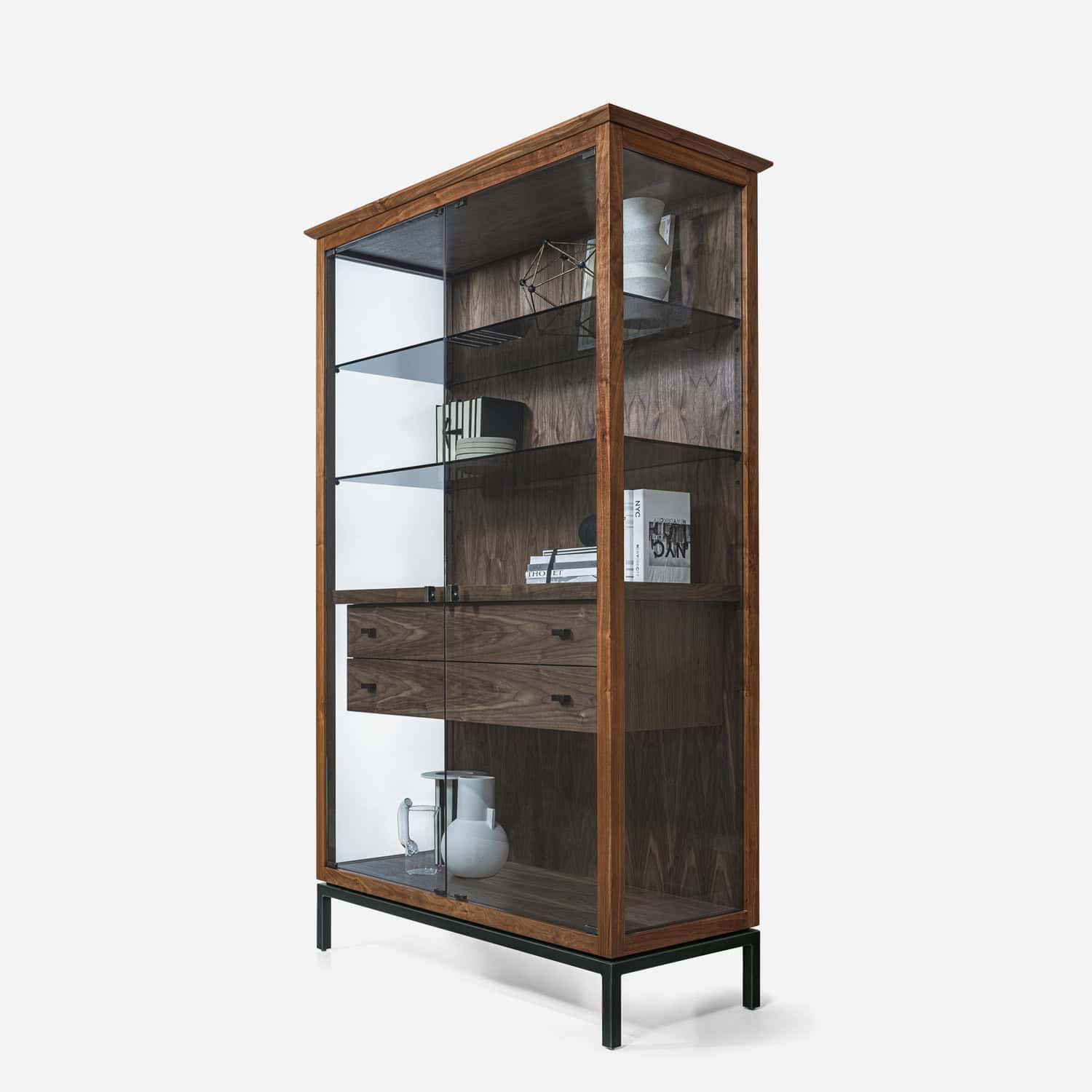 Elegant wooden display cabinet with glass doors, ideal for contemporary urban living spaces.