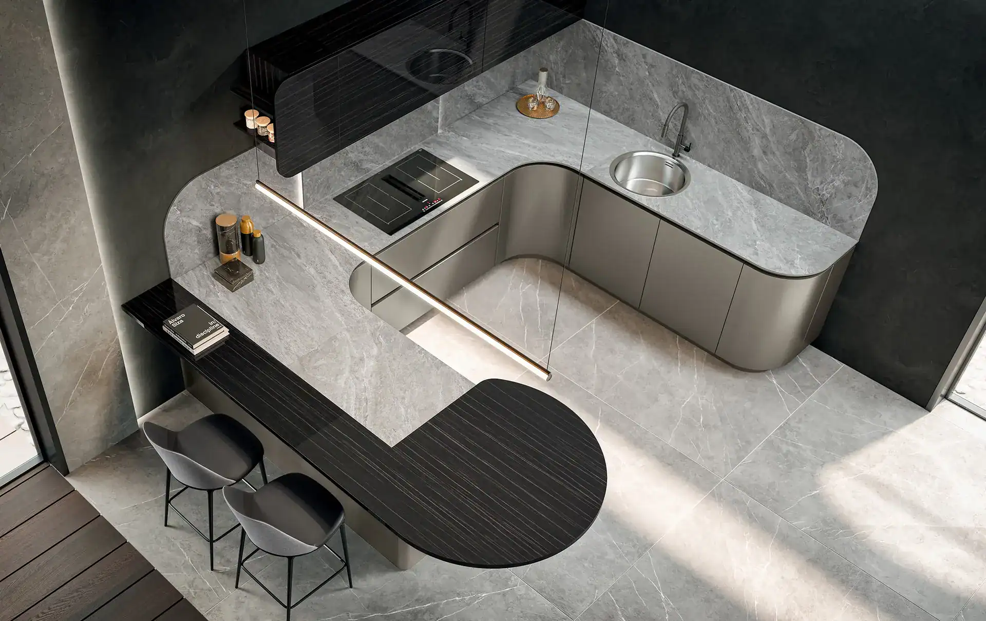 Elegant U-shaped kitchen design with gray countertops and black accents.