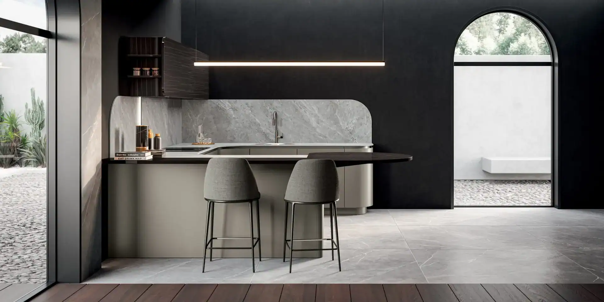 Stylish urban kitchen with sleek cabinetry and minimalist decor.