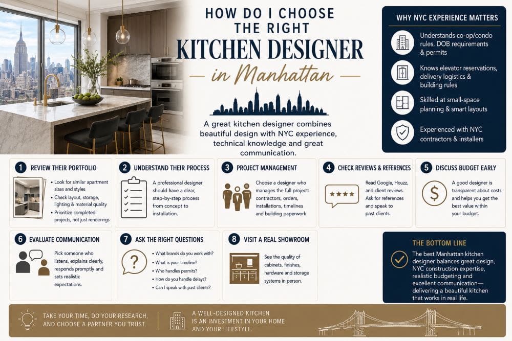 Infographic guide showing how to choose the right kitchen designer in Manhattan with NYC kitchen renovation tips.