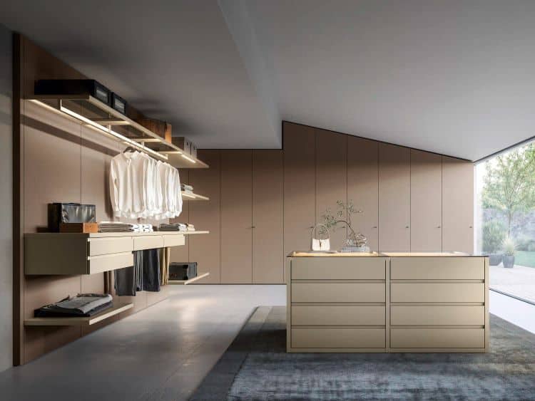 Walk-in closet organizer with sleek storage solutions and modern design. Perfect for organizing clot.