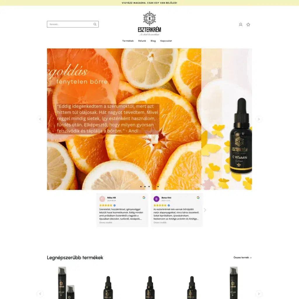 Eszterkém C-vitamin szérum termék, narancs és citrom háttérrel.