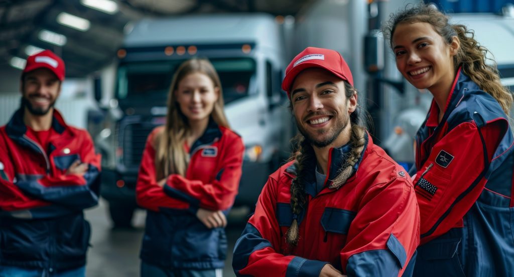 A group of smiling transportation or logistics workers in branded red and blue uniforms, with large trucks in the background, representing custom uniforms and corporate workwear.
