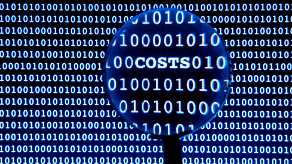 A magnifying glass over binary code highlights the word 'COSTS,' symbolizing the use of data and technology to identify and manage hidden costs in a uniform management program.
