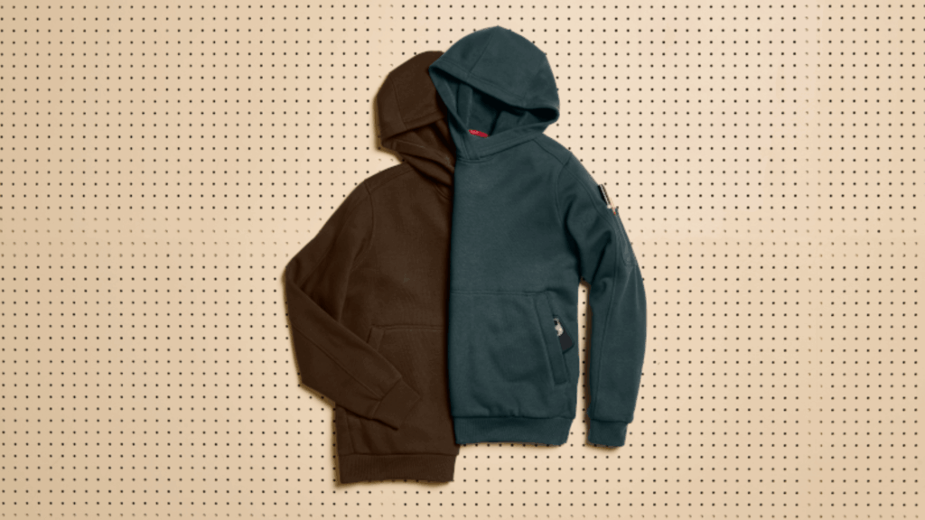 Two custom fleece hoodies, one brown and one blue, representing versatile and comfortable branded apparel and workwear for a professional employee uniform program.