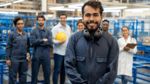 Diverse group of manufacturing employees representing a uniform program that adapts as the workforce changes