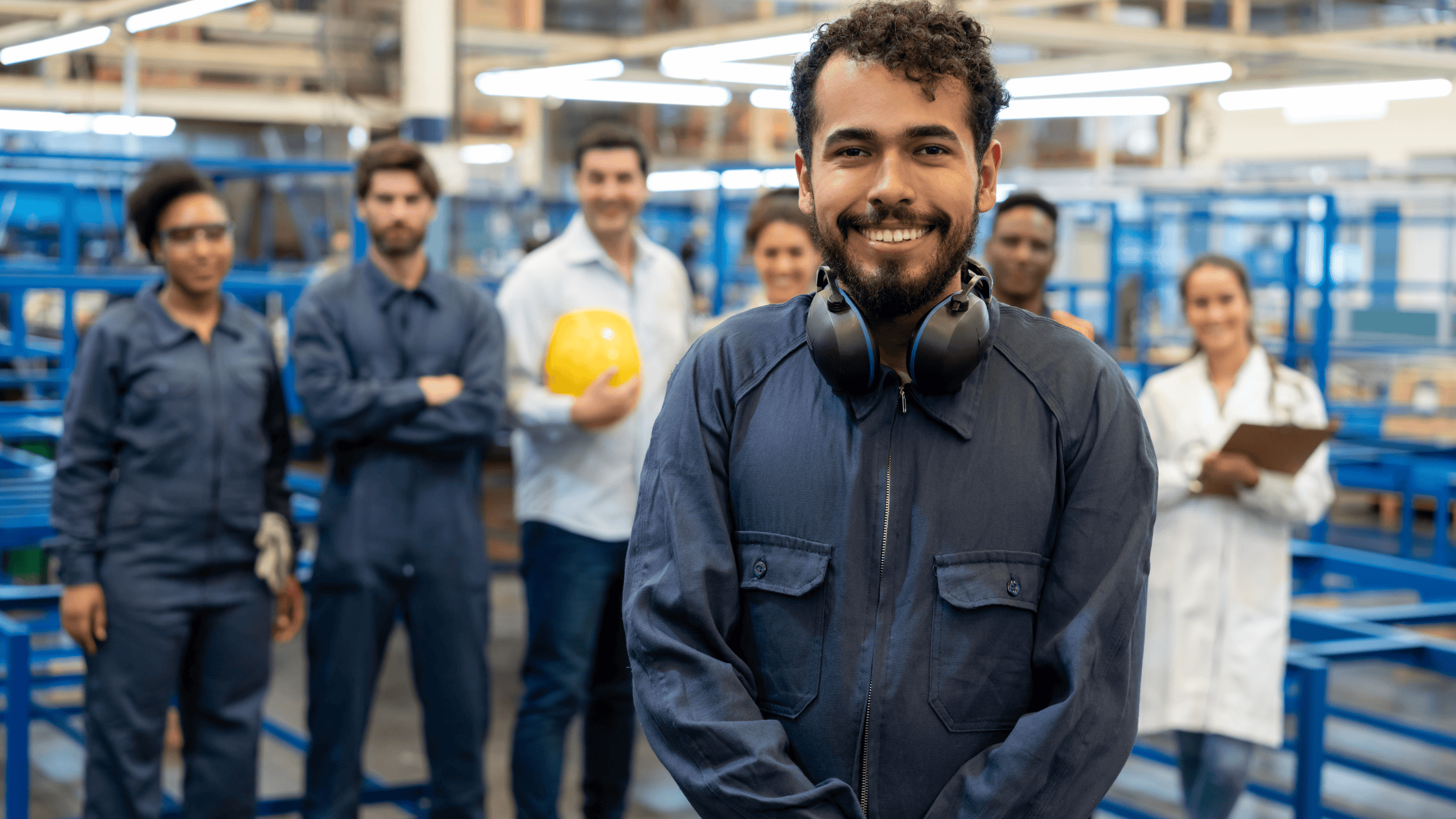 Diverse group of manufacturing employees representing a uniform program that adapts as the workforce changes