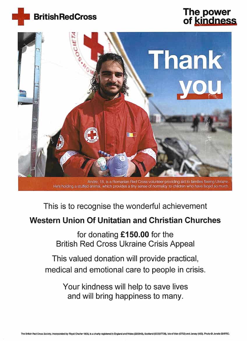 Red Cross volunteer holding stuffed toy, donation acknowledgement.