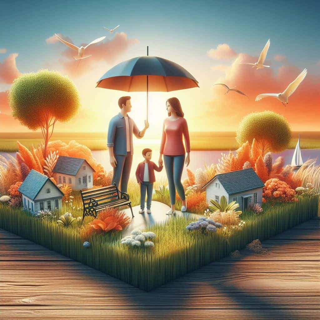 a 3D illustration of a young family with 1 kid standing outdoors