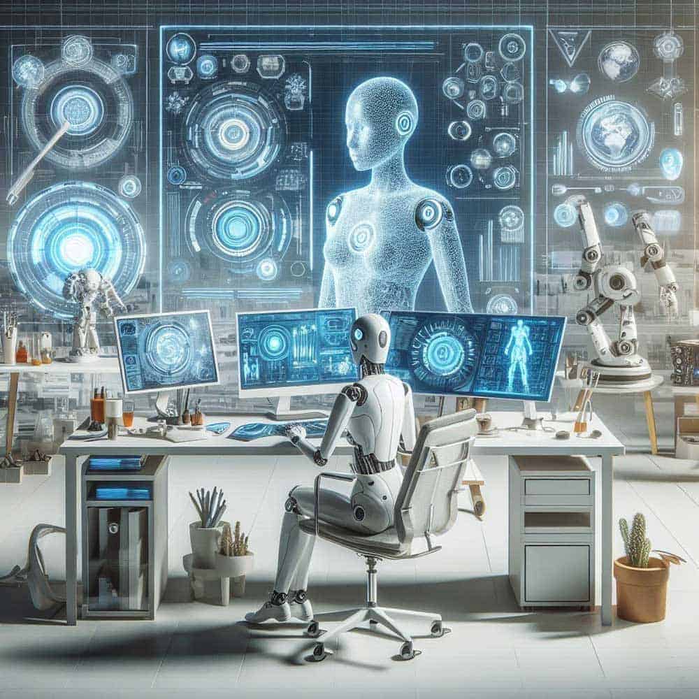 A futuristic robot working on a computer