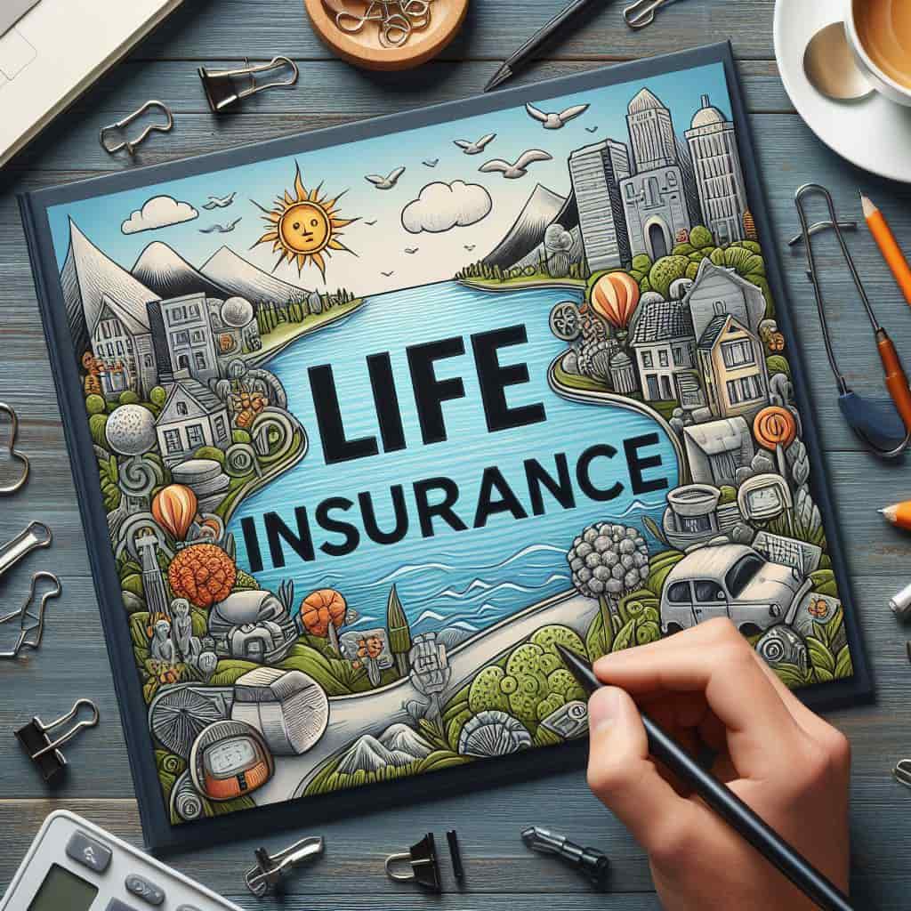 An illustration depicting a painting of the outdoors with life insurance written over top