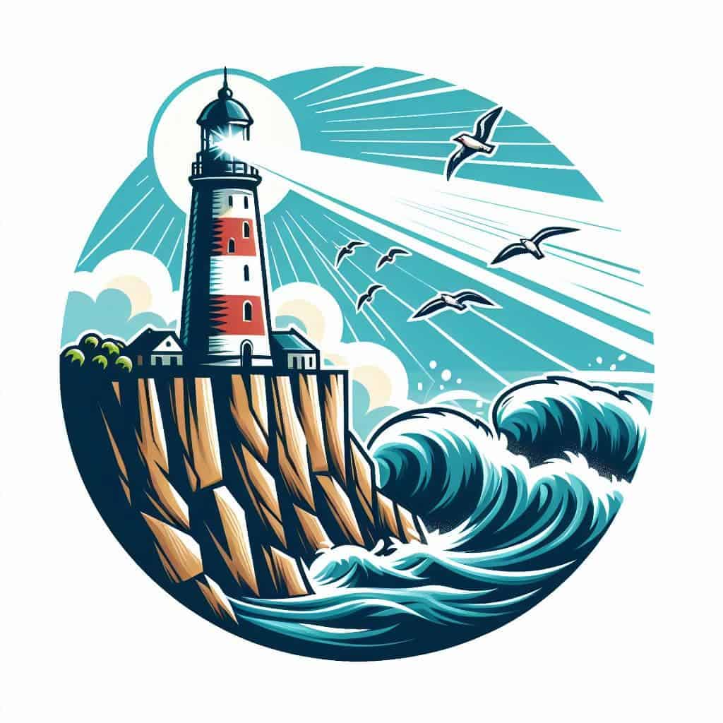 An illustration depicting a lighthouse on a cliff with waves crashing into the cliff