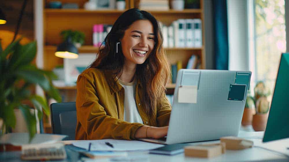 A woman working from her home office