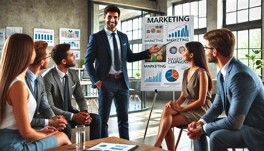 An agent giving a presentation in front of a group of people