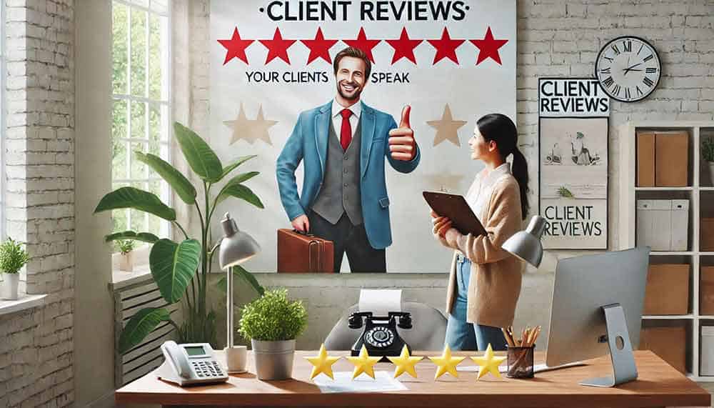 An agent in an office with a large poster labelled client reviews hanging on the wall