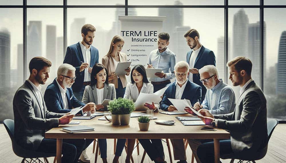Picking the Right Term Insurance A group of insurnace agents reviewing term insurance option in a board room