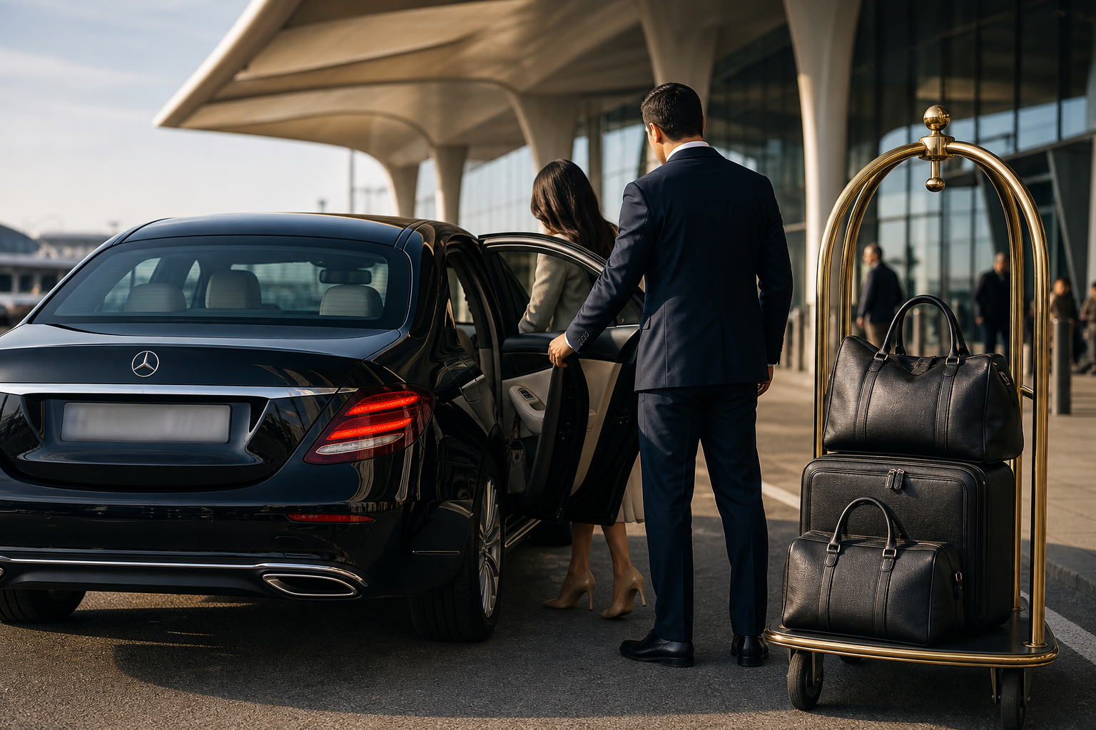VanBudapest chauffeur waiting with a meet-and-greet sign inside Budapest Airport arrivals