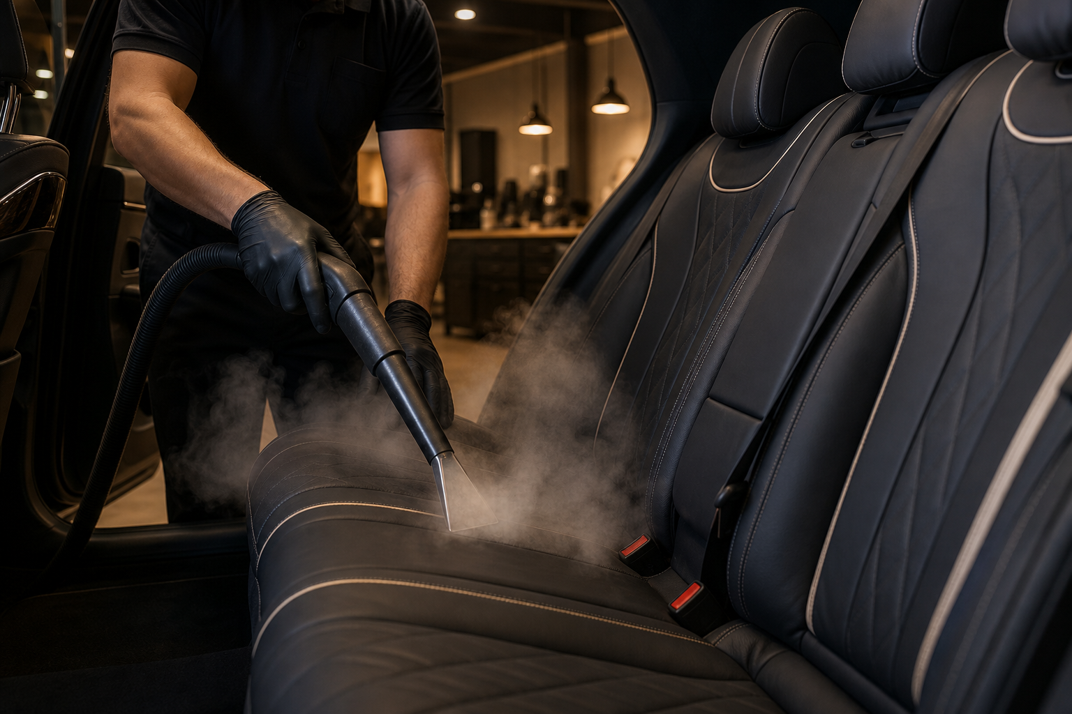 Steam cleaning of the leather upholstery in a VanBudapest transfer vehicle, Budapest